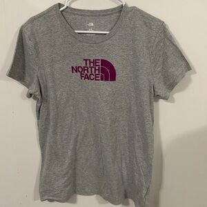 North Face short sleeve t-shirt gray with purple, good condition, Sz large